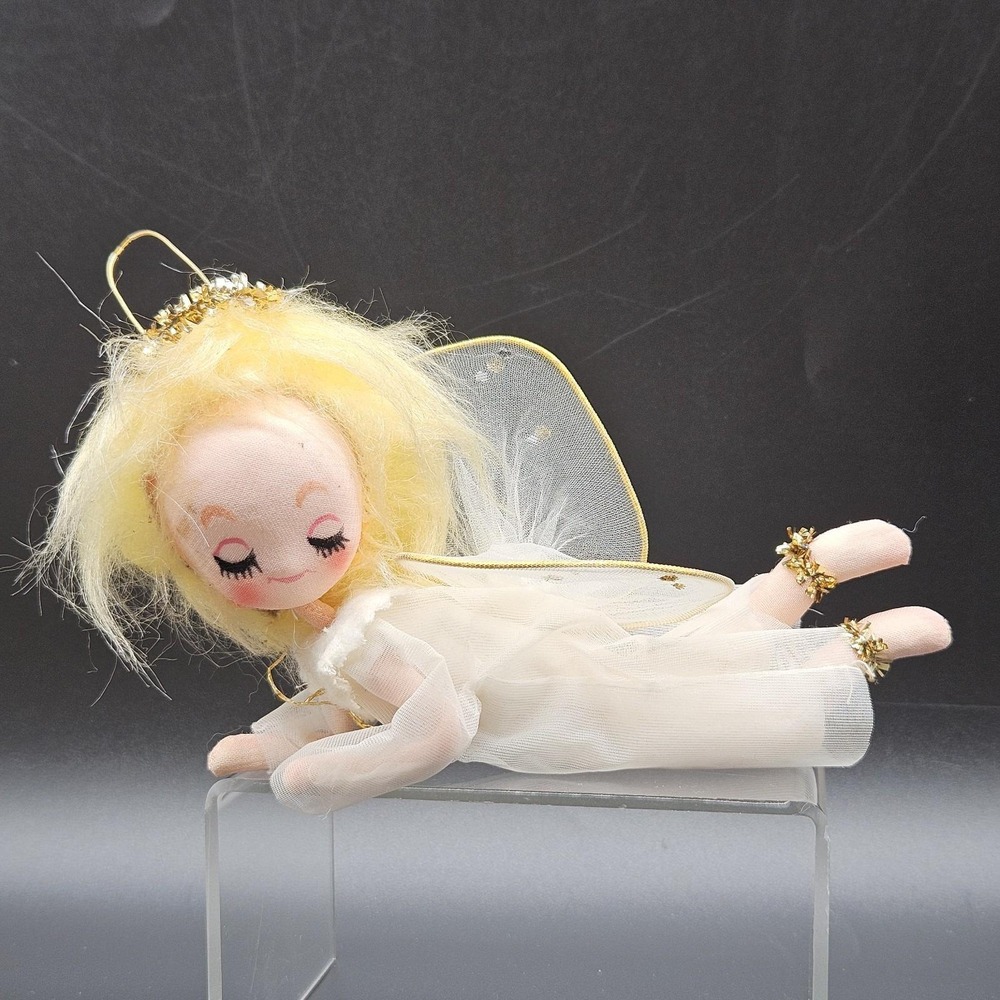 VTG Sleeping Pixie Angel Hanging Ornament 50s Tinsel Halo Tulle Wings Japan